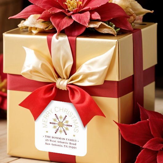 Cute Sophisticated Gold & Red Snowflake Winter Vierkante Sticker