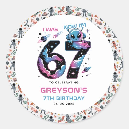 Cute Space 7th Birthday | Six & Seven Year Old Ronde Sticker (Voorkant)