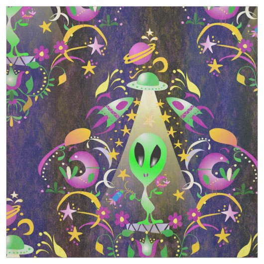 Cute Space Alien Floral SciFi Damask Stof (Swatch)