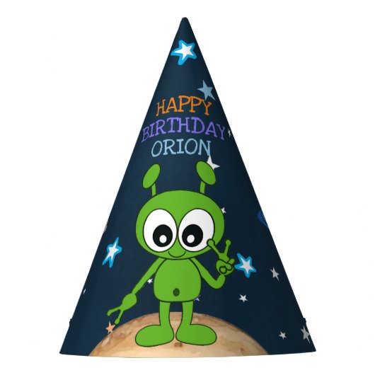 Cute Space Alien Peace Planet Stars Happy Birthday Feesthoedjes (Voorkant)