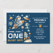 Cute Space Astronaut Kat Blast Off 1e Verjaardag Kaart (Voorkant)