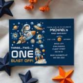 Cute Space Astronaut Kat Blast Off 1e Verjaardag Kaart