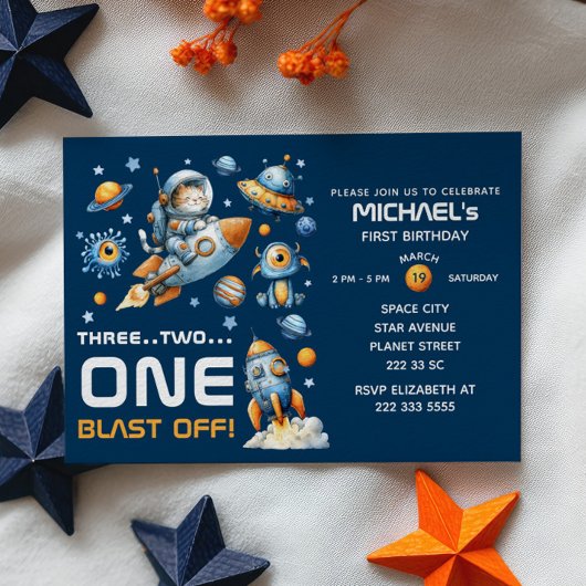 Cute Space Astronaut Kat Blast Off 1e Verjaardag Kaart