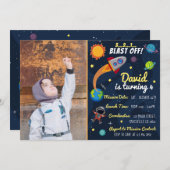 Cute Space Birthday Uitnodiging met foto (Voorkant / Achterkant)