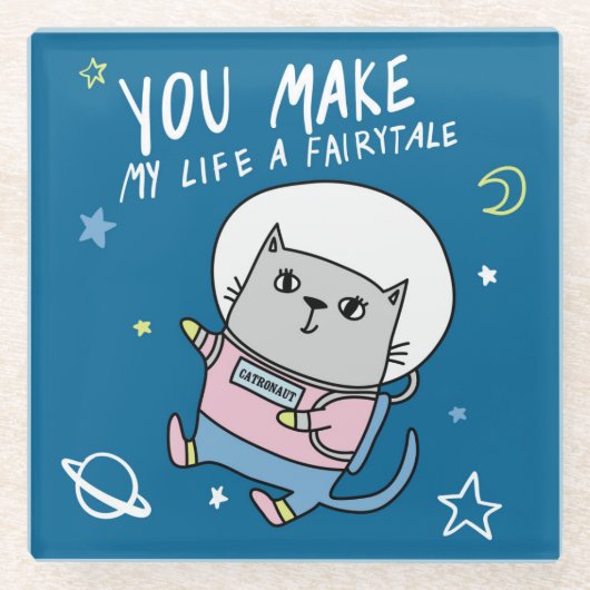 Cute Space Cat Glazen Onderzetter (Voorkant)