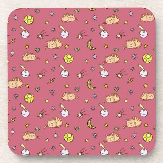 Cute Space Cat Pattern – Adorable Cosmic Kitty Bier Onderzetter (Voorkant)
