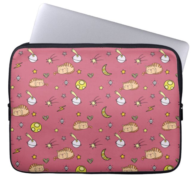 Cute Space Cat Pattern – Adorable Cosmic Kitty Laptop Sleeve (Voorkant)