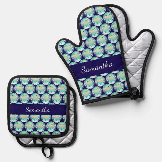 Cute Space Creature And Bunny Rabbit Ovenwant & Pannenlap Set (Voorkant / Achterkant)