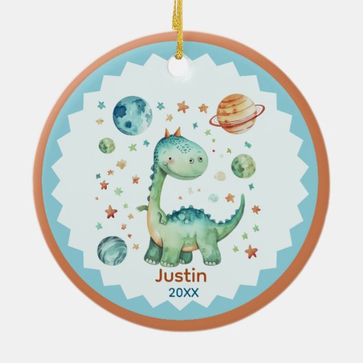 Cute space dinosaur holiday keepsake personalized keramisch ornament (Achterkant)