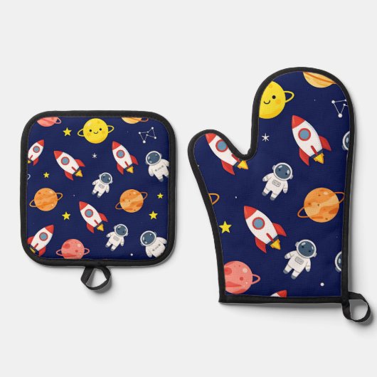 Cute Space Explorer Kids Pattern Ovenwant & Pannenlap Set (Voorkant)