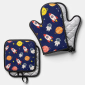 Cute Space Explorer Kids Pattern Ovenwant & Pannenlap Set (Voorkant / Achterkant)