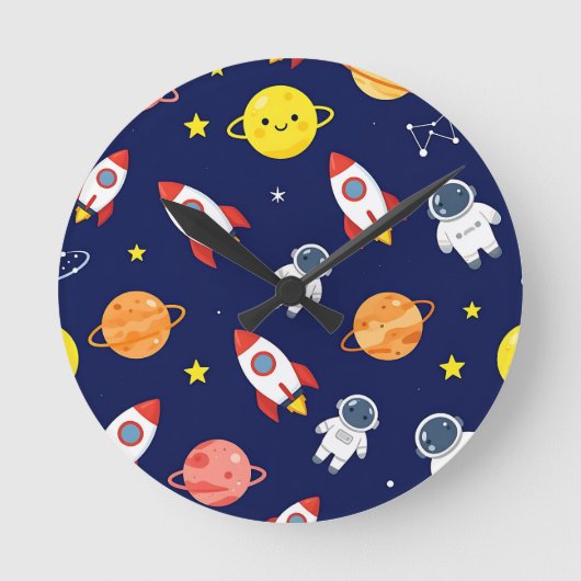 Cute Space Explorer Kinderen Patroon Ronde Klok (Voorkant)