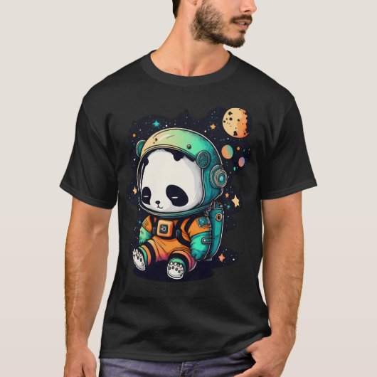Cute Space Panda In Astronaut Space Suit Stars And T-shirt (Voorkant)