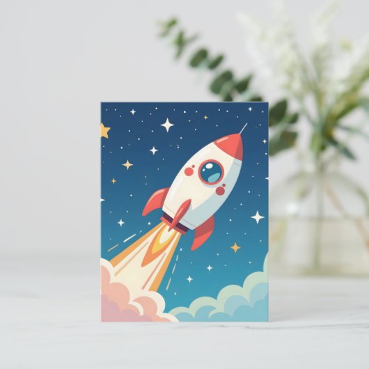 Cute space rocket blasting off briefkaart (Staand voorkant)
