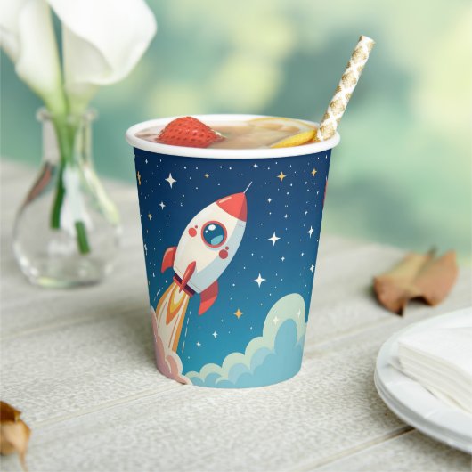 Cute space rocket blasting off papieren bekers (Insitu)