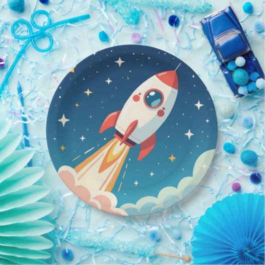 Cute space rocket blasting off papieren bordje (Feest)