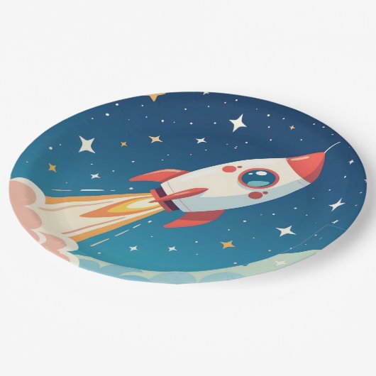 Cute space rocket blasting off papieren bordje (Gekanteld)