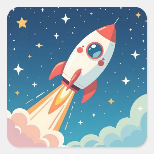 Cute space rocket blasting off vierkante sticker (Voorkant)
