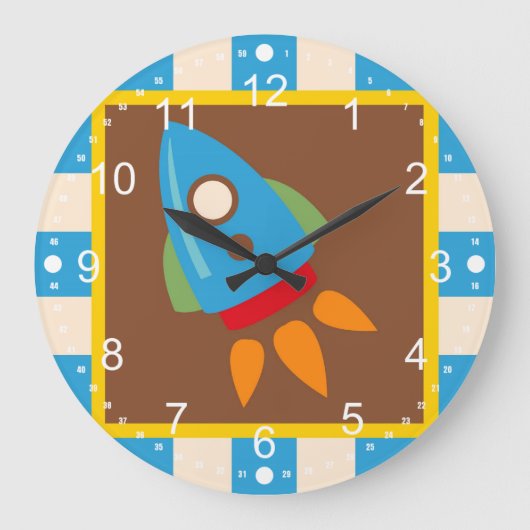 Cute Space Shiket Rocket Buitenspace Blue Kinder Grote Klok (Voorkant)