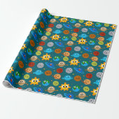 Cute Space Wrapping Paper, Suns, Earths, Moons Cadeaupapier (Uitgerold)