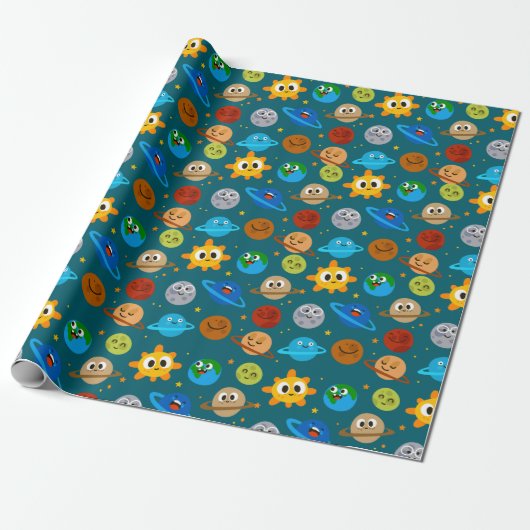 Cute Space Wrapping Paper, Suns, Earths, Moons Cadeaupapier (Uitgerold)