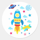 Cute Spacecraft Rocket Ships Pattern Ronde Sticker (Voorkant)