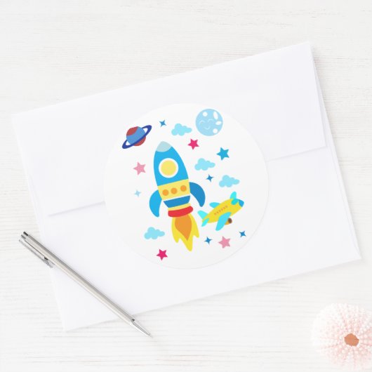 Cute Spacecraft Rocket Ships Pattern Ronde Sticker (Envelop)