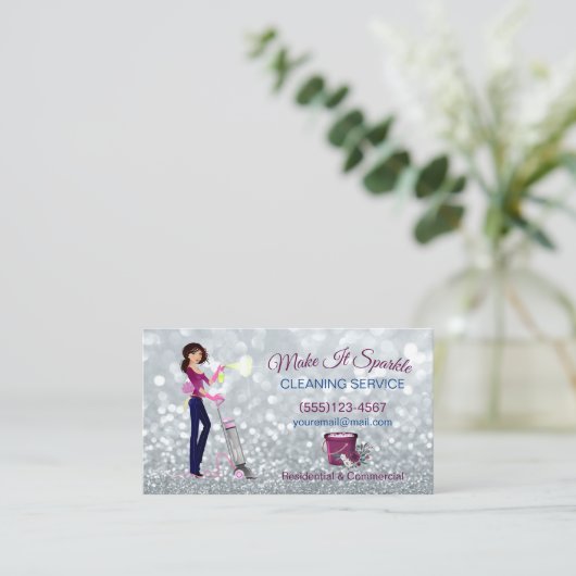 Cute Sparkle Cartoon Maid Cleaning Services Visitekaartje (Staand voorkant)
