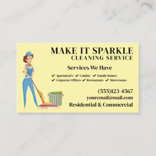 Cute Sparkle Cartoon Maid Cleaning Services Visitekaartje