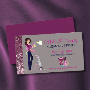 Cute Sparkle Cartoon Maid Cleaning Services Visitekaartje