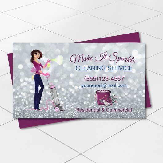 Cute Sparkle Cartoon Maid Cleaning Services Visitekaartje