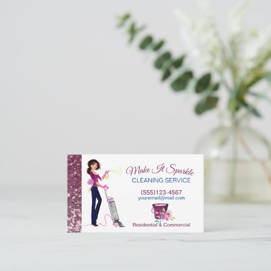 Cute Sparkle Cartoon Maid Cleaning Services Visitekaartje (Staand voorkant)
