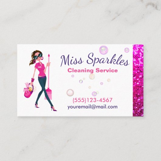 Cute Sparkle Cartoon Maid House Cleaning Service Visitekaartje (Voorkant)