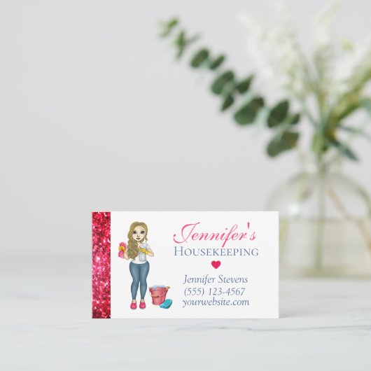 Cute Sparkly Maid House Cleaning Service Visitekaartje (Staand voorkant)