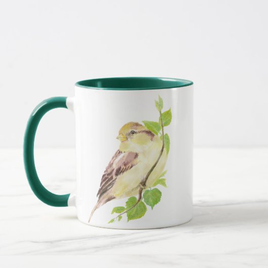 Cute Sparrow Bird & Waterverf Natuur Mok (Links)