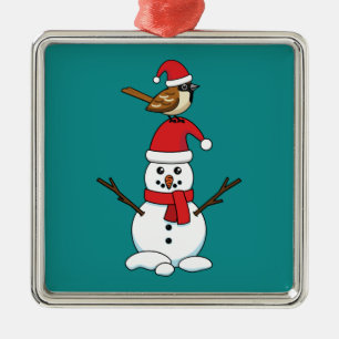 Cute Sparrow op Snowman Metalen Ornament