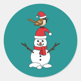 Cute Sparrow op Snowman Ronde Sticker