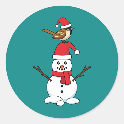 Cute Sparrow op Snowman Ronde Sticker (Voorkant)