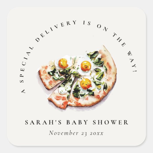 Cute Special Delivery Pizza Baby Shower Party Vierkante Sticker (Voorkant)