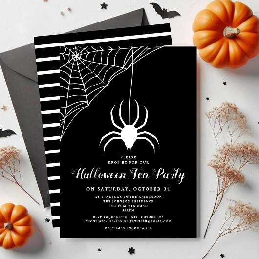 Cute Spider Black & White Halloween Tea Party Kaart