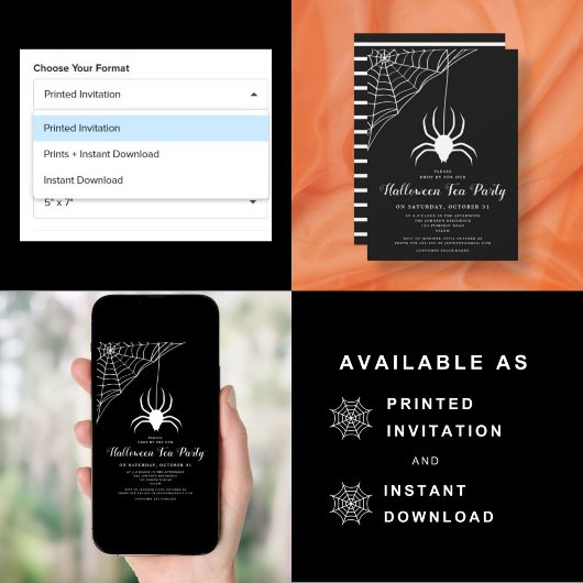 Cute Spider Black & White Halloween Tea Party Kaart