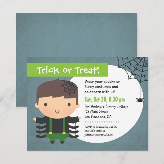 Cute Spider Boy Kinder Halloween Party-uitnodiging Kaart (Voorkant / Achterkant)