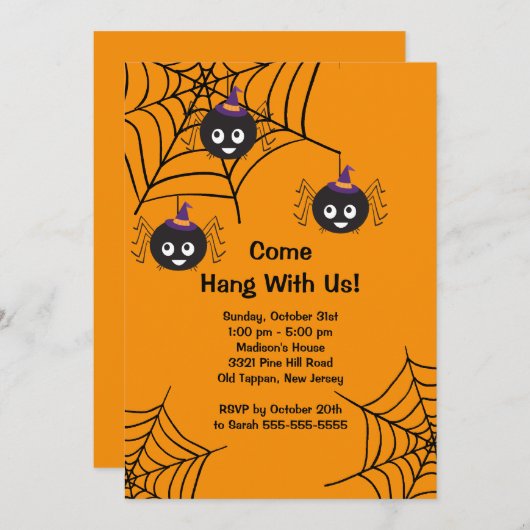 Cute Spiders Halloween Party Invitation Kaart (Voorkant / Achterkant)