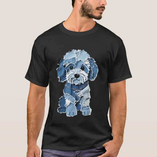 Cute spijkerbroek patchwork puppy hond kunst t-shirt (Voorkant)