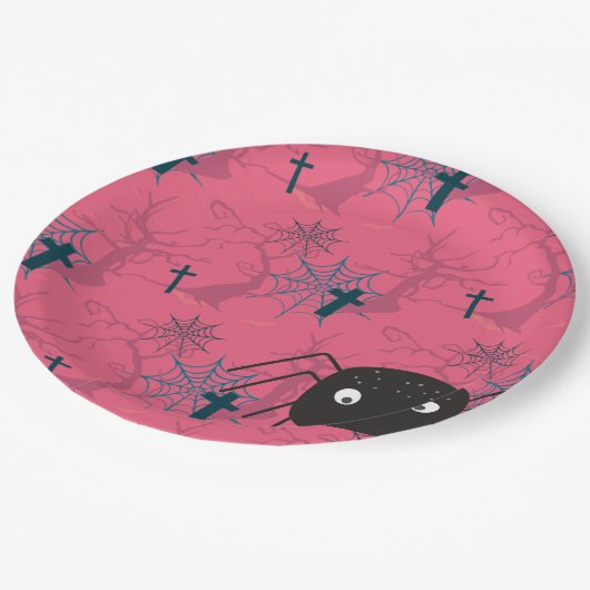 Cute spin & raspberry roze spinweb gepatterd papieren bordje (Gekanteld)