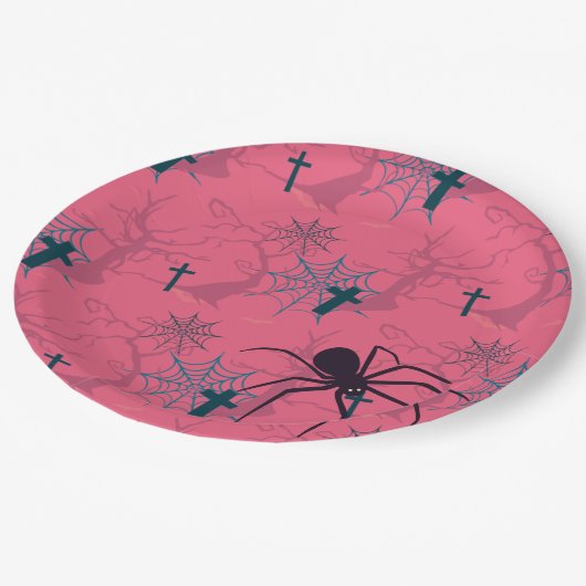 Cute spin & raspberry roze spinweb gepatterd papieren bordje (Gekanteld)