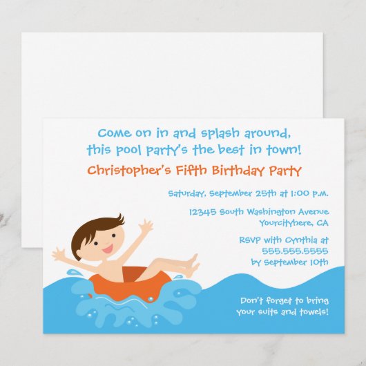 Cute splash boy's poolparty verjaardagsuitnodiging kaart (Voorkant / Achterkant)