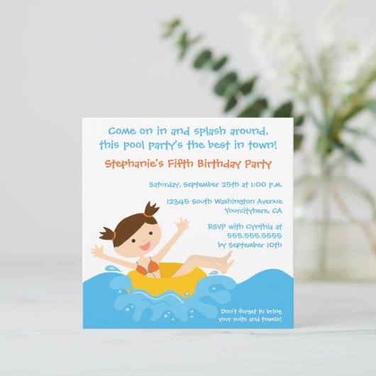 Cute splash girl-uitnodiging kaart (Staand voorkant)