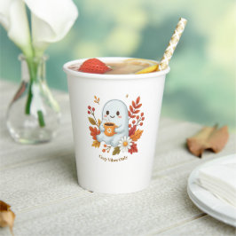 Cute spook drankt koffie papieren beker