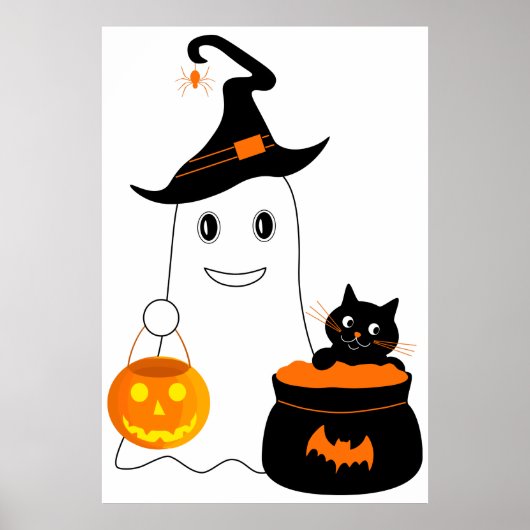 Cute spook met zwarte kat viert halloween poster (Voorkant)
